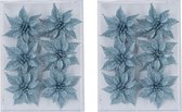 18x stuks decoratie bloemen rozen ijsblauw glitter op clip 8 cm