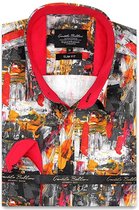 Heren Overhemd - Slim Fit - Painted Artwork Satijn - Grijs - Maat XXL