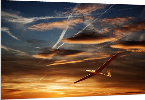 Forex - Vliegtuig in Gouden Lucht - 150x100cm Foto op Forex
