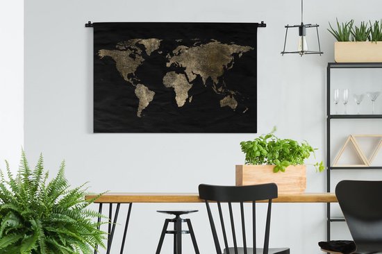 Tapisserie Cartes du mondeIllustrations de Noël - Carte du monde doré avec motif texturé sur fond noir Tapisserie coton 120x80 cm - Tapisserie avec photo