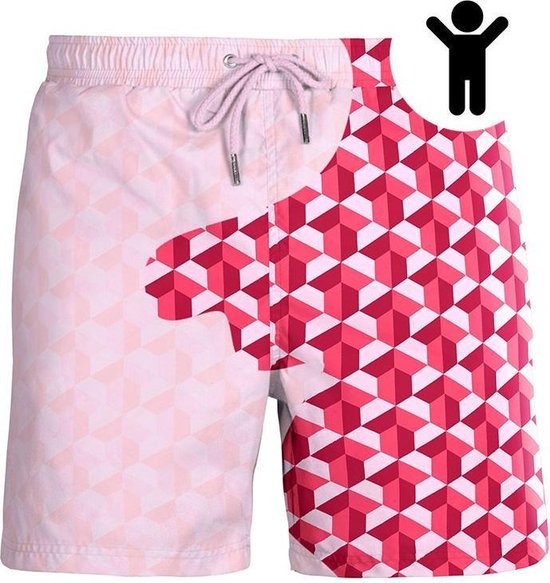 Roze zwembroek met geometrisch patroon, onderverdeeld in twee helften.