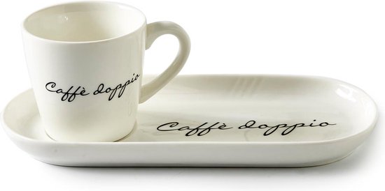 Doppio Koffie: Een echt Dubbele Espresso Genot 10 Riviera Maison Kop en Schotel Set, koffieKop met Tekst, Koffiemok - Caffè Doppio - Wit - 195 ml