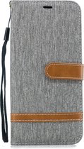 Kleurafstemming Denim Texture Leather Case voor Galaxy J4 +, met houder & kaartsleuven & portemonnee & lanyard (grijs)