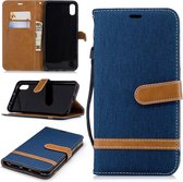 Kleurafstemming Denim Texture Leather Case voor iPhone XR, met houder & kaartsleuven & portemonnee & lanyard (donkerblauw)