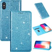 Voor iPhone XS Max ultradunne glitter magnetische horizontale flip lederen tas met houder en kaartsleuven (hemelsblauw)