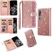 Voor Geschikt voor Xiaomi Mi CC9 Pro / Redmi Note 10 Multi-card slots Sterrenhemel Laser Carving Glitter Rits Horizontale Flip lederen tas met houder & Portemonnee & Lanyard (Rose