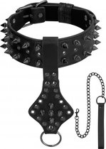 Ouch! Skulls and Bones - Neck Chain with Spikes and Leash - Blac