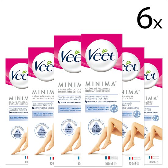 Zes verpakkingen Veet Minima ontharingscrème, elk met afbeelding van benen en tekst over 35% minder chemische ingrediënten.