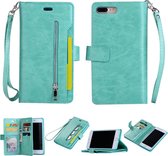 Voor iPhone 8 Plus & 7 Plus Multifunctionele Rits Horizontale Flip Leren Case met Houder & Portemonnee & 9 Kaartsleuven & Lanyard (Mintgroen)