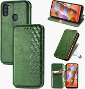 Voor Samsung Galaxy A11 / M11 Cubic Grid Pressed Horizontal Flip Magnetic Leather Case met houder & kaartsleuven & portemonnee (groen)