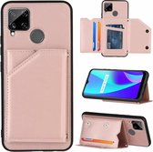 Voor OPPO Realme C15 Skin Feel PU + TPU + PC Achterkant Schokbestendig hoesje met kaartsleuven & houder & fotolijst (rose goud)