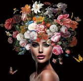 Glasschilderij - Vrouw kleurrijke bloemen - 80x80 cm - Wanddecoratie