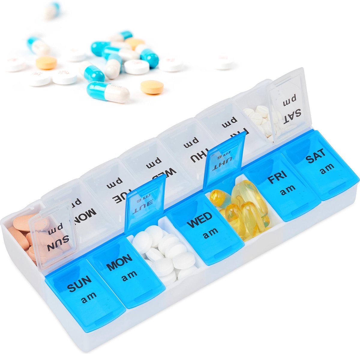 Relaxdays pillenbox 7 dagen 2 vakken - medicamentendoos Engels - pillendoosje wit-blauw