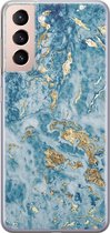 Leuke Telefoonhoesjes - Hoesje geschikt voor Samsung Galaxy S21 - Goud blauw marmer - Soft case - TPU - Marmer - Blauw