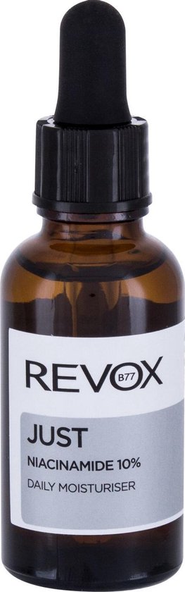 Revox JUST Niacinamide 10% dagelijkse vochtinbrengende serum in amberkleurig flesje met druppelaar.