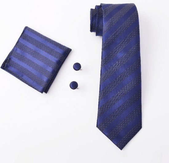 Set de cravate élégant dans une boîte cadeau - comprenant des Boutons de manchette, une pochette de costume et une pince à cravate - D02 - Blauw avec paillettes
