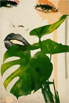 Poster Tekening van een vrouw met groen blad