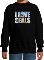 Tekst sweater I love seals met dieren foto van een zeehond zwart voor kinderen - cadeau trui zeehonden liefhebber - kinderkleding / kleding 9-11 jaar (134/146)