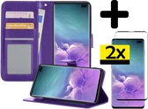 Samsung S10 Hoesje Book Case Met 2x Screenprotector - Samsung Galaxy S10 Case Wallet Cover - Samsung S10 Hoesje Met 2x Screenprotector - Paars