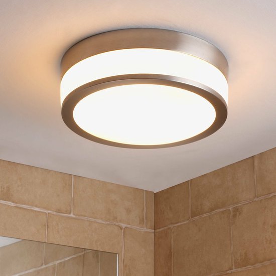 Lindby - Plafondlamp badkamer - 2 lichts - glas, metaal - H: 9 cm - E27 - opaalwit, mat nikkel