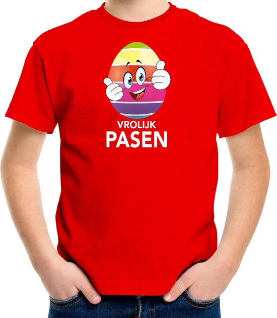 Paasei met duimen schuin omhoog vrolijk Pasen t-shirt / shirt - rood - kinderen - Paas kleding / outfit 158/164