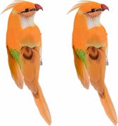 2x stuks decoratie kunststof vogel beeldje Papegaai op clip oranje 13 cm