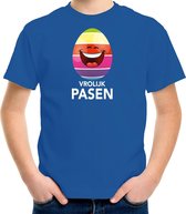 Lachend Paasei vrolijk Pasen t-shirt / shirt - blauw - kinderen - Paas kleding / outfit L (146-152)