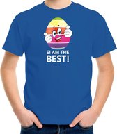 Vrolijk Paasei ei am the best t-shirt / shirt - blauw - kinderen - Paas kleding / outfit M (134-140)
