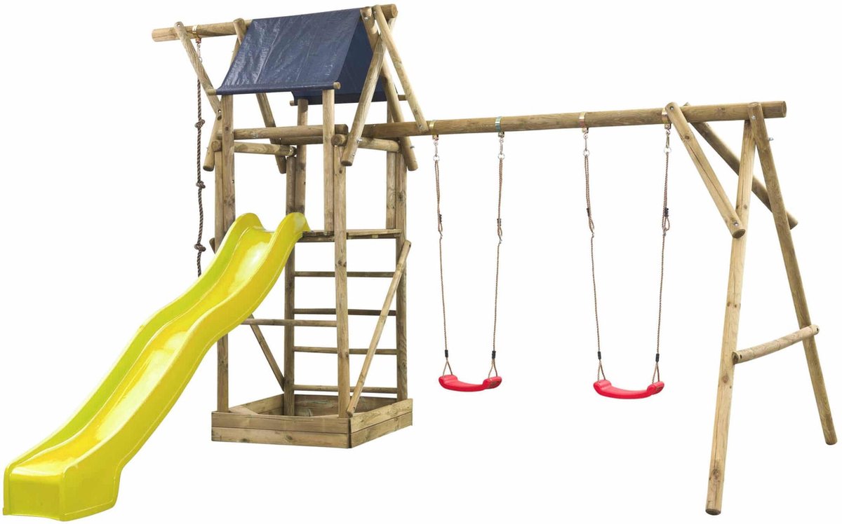 Houten Speeltoestel Niels (SwingKing) | Speeltoren met Glijbaan en Dubbele Schommel voor Buiten in de Tuin | FSC Hout - Glijbaan Geel