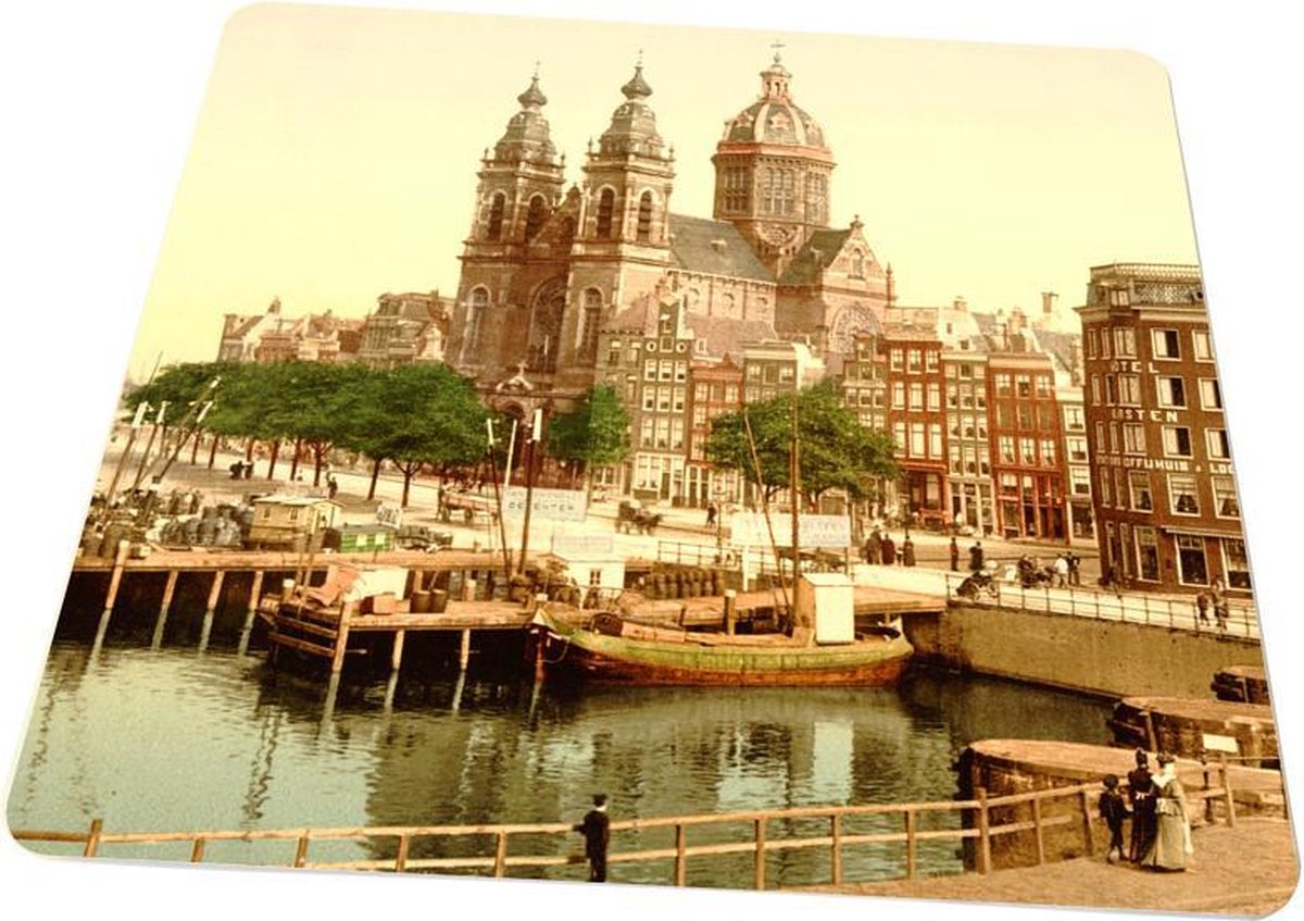 Oud Stadsgezicht Amsterdam - St. Nicolaaskerk Prins Hendrikkade - Oude Foto Print op Muismat 22x20cm