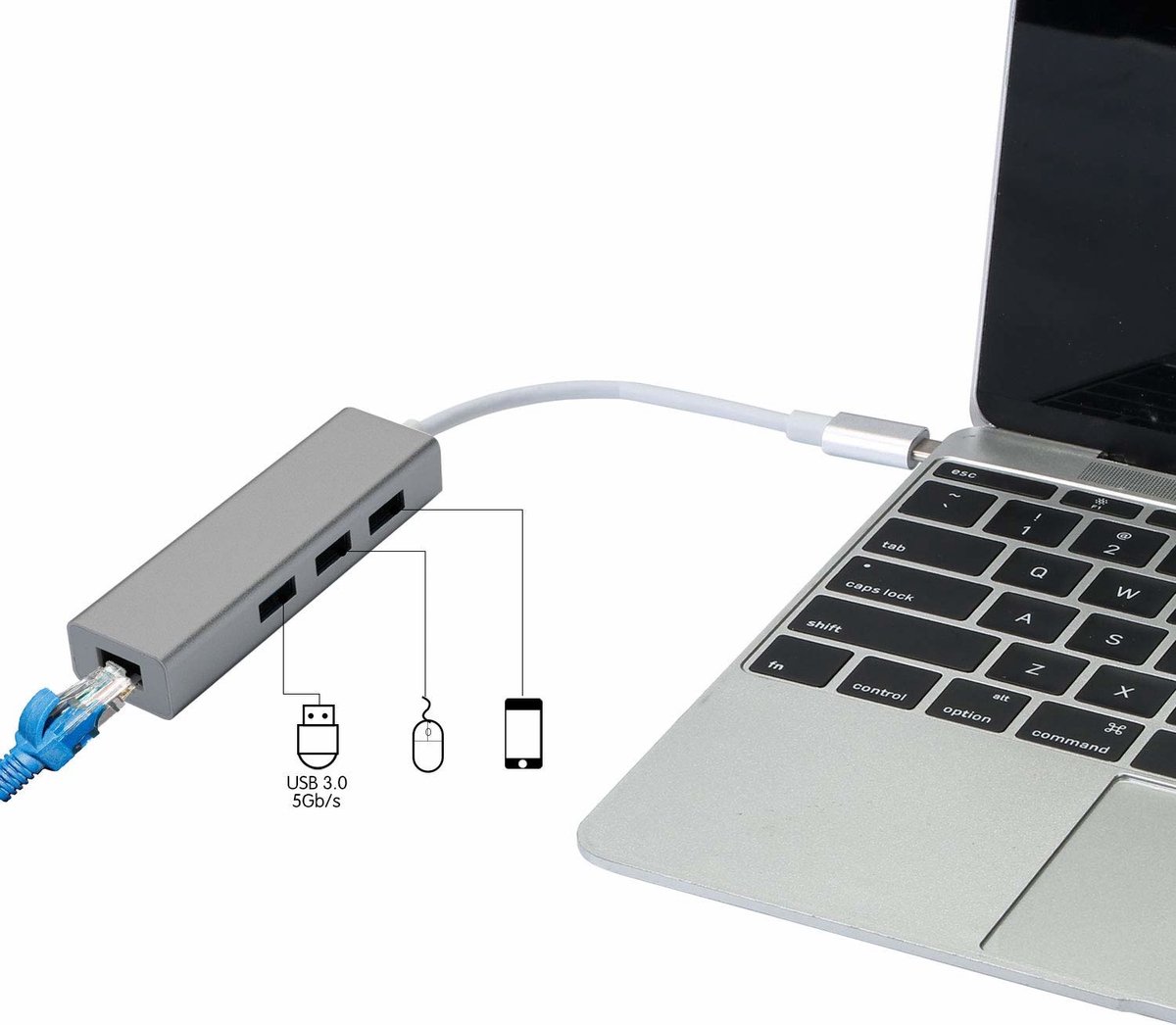 Ntech USB-C & Thunderbolt 3 Port Adapter Hoes Geschikt voor Macbook USB3.1 C | 3 Port USB HUB | LAN Poort - Grijs