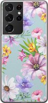 Samsung Galaxy S21 Ultra siliconen hoesje - Mint bloemen - Soft Case Telefoonhoesje - Blauw - Bloemen