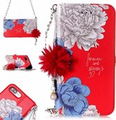Voor iPhone 7 Plus & 8 Plus Rode Achtergrond Chrysant Patroon Horizontale Flip Leren Case met Houder & Kaartsleuven & Parel Bloem Ornament & Ketting