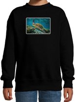 Dieren sweater met schildpadden foto - zwart - voor kinderen - natuur / zeeschildpad cadeau trui 7-8 jaar (122/128)