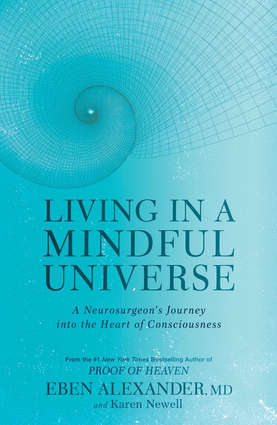 Boekcover 'Living in a Mindful Universe' met turquoise spiraal en tekst.