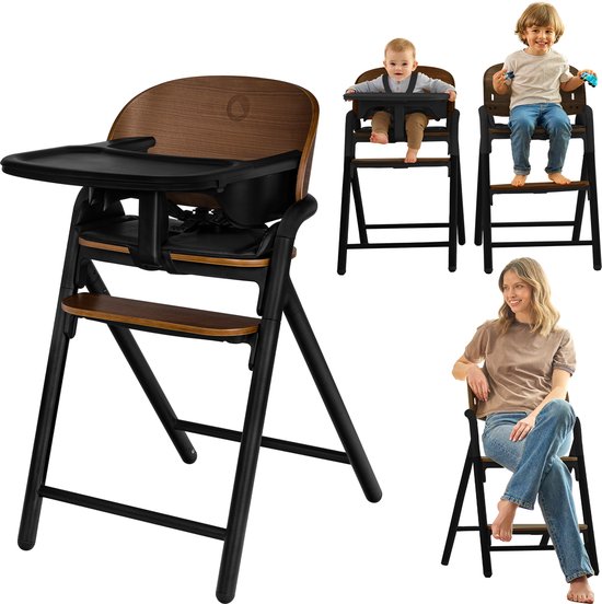 Chaise haute en bois Lionelo Celia 3 en 1 – De Bébé à adulte – Siège et repose-pieds réglables – Harnais 5 points – Revêtement en Eco– Comprend BabySet et plateau – Capacité de charge jusqu'à 90 kg