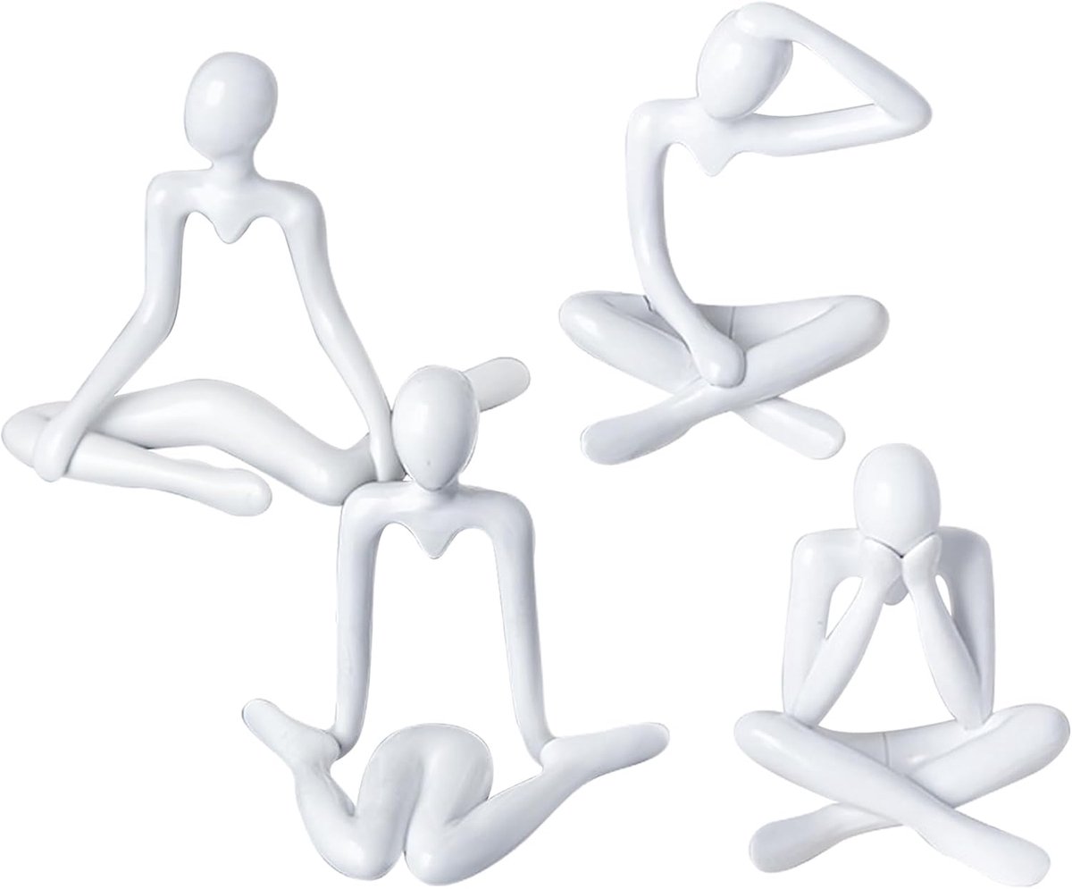 Inovra Plus - Mini Thinker Standbeeld Set van 4 Witte Abstracte Sculpturen voor Thuis Woonkamer - Moderne Kunst Decoratieve Beeldjes met Artistieke Stijl