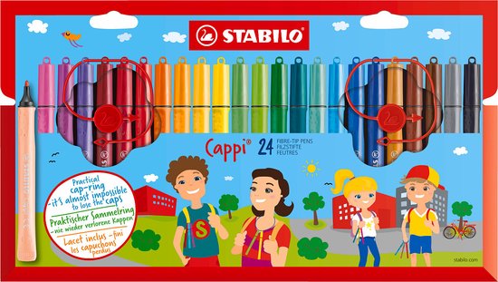 STABILO Cappi - Viltstift - Nooit Meer Je Dop Kwijt Dankzij De Dopring - Etui Met 24 Kleuren + 2 Dopringen
