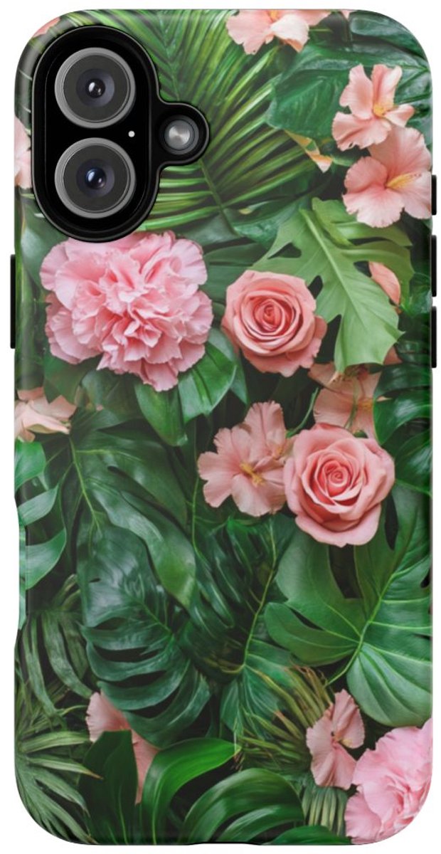 Roze Rozen en Tropische Bladeren Patroon – Telefoonhoesje Geschikt voor iPhone 16 Plus