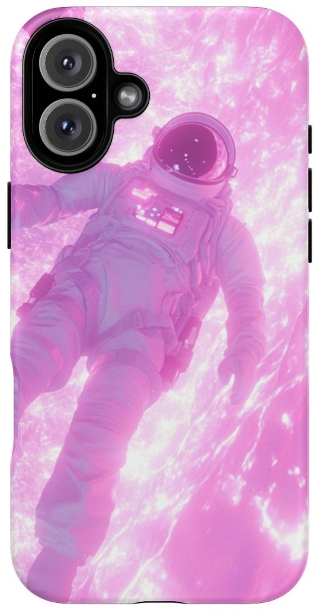 Astronaut Zwevend bij Roze Plasma – Telefoonhoesje Geschikt voor iPhone 16 Plus