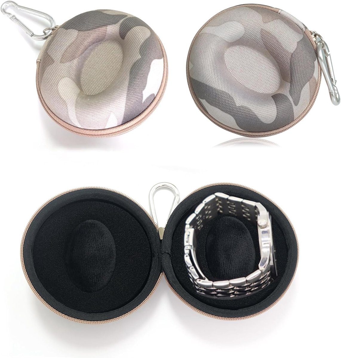 2 Pieces Portable Watch Box - Padded Round Watch Case - With Carabiner and Sponge - Voor Horloge (Camouflage)