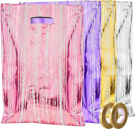 Rij met roze, paarse, gouden en zilveren gestreepte goodiebags met gouden lint.