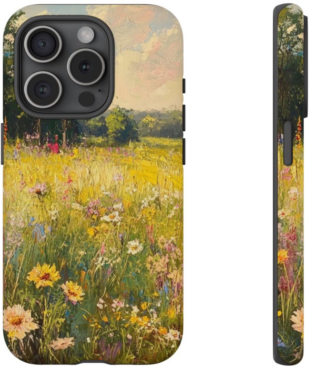 Zonnig Bloemenweide Schilderij – Telefoonhoesje Geschikt voor iPhone 15 Pro