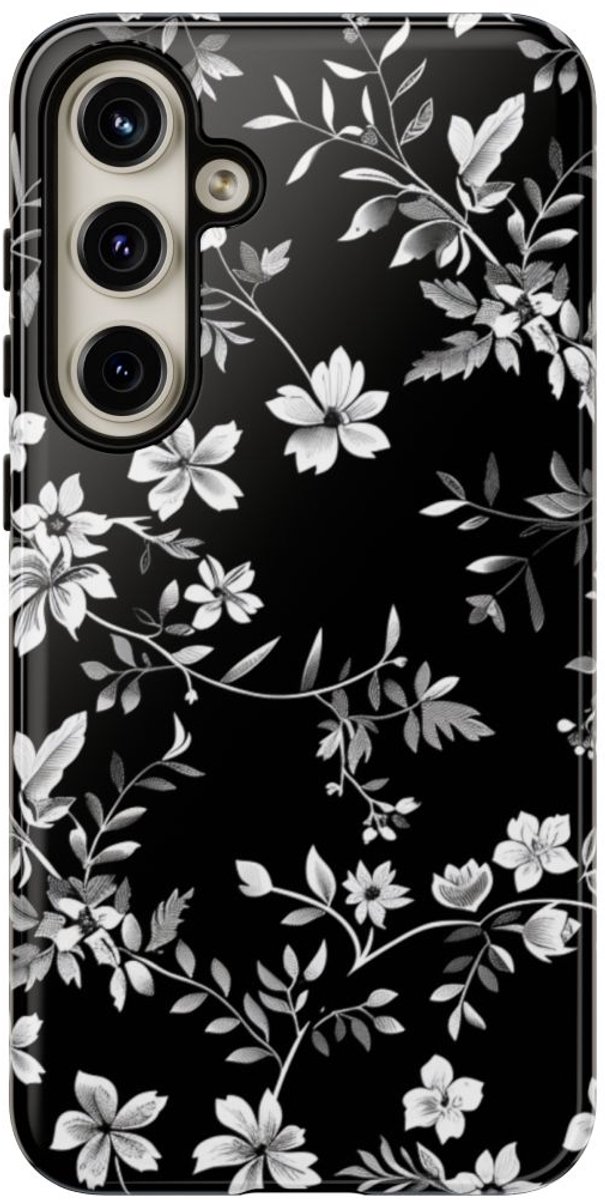 Zwart-Wit Bloemenpatroon – Telefoonhoesje Geschikt voor Samsung Galaxy S24 Plus