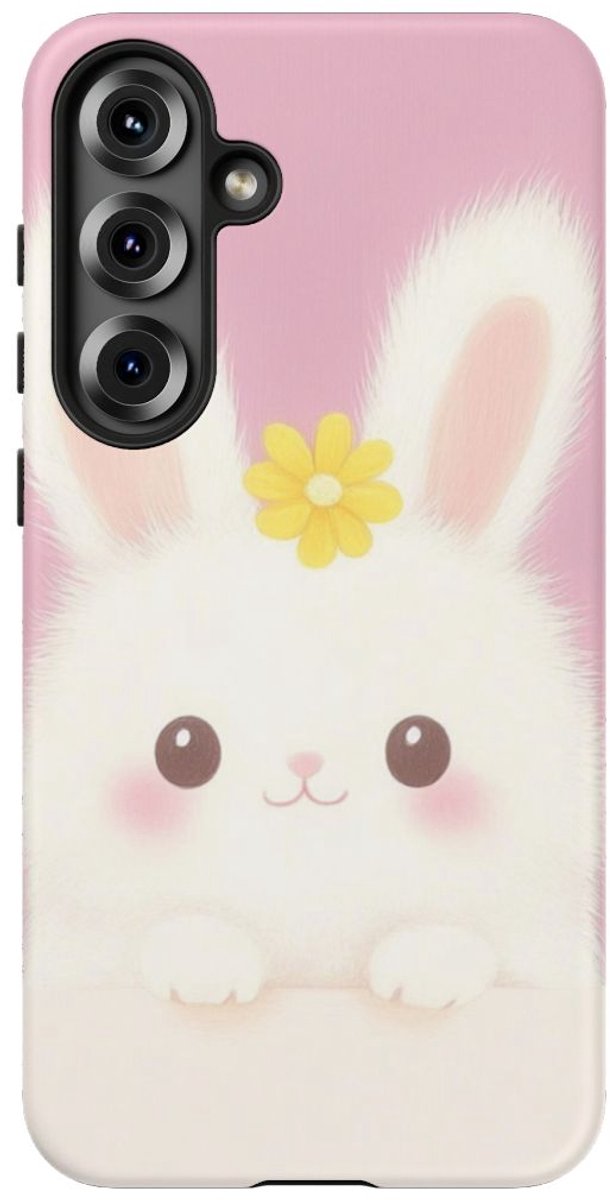 Schattig Wit Konijntje met Gele Bloem – Telefoonhoesje Geschikt voor Galaxy S25 Plus