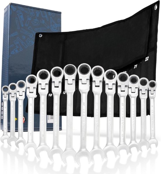 DCSYOG 6-32 mm steek-ringratelsleutelset, 22-delige ratelsleutelset, ringsteeksleutelset, steeksleutel-ringsleutelset