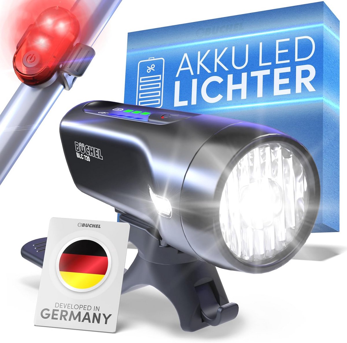 Fietsverlichtingsset met Oplaadbare LED Lampen - 70/30/15 Lux, StVZO-Goedgekeurd, Tot 14 Uur Batterijduur