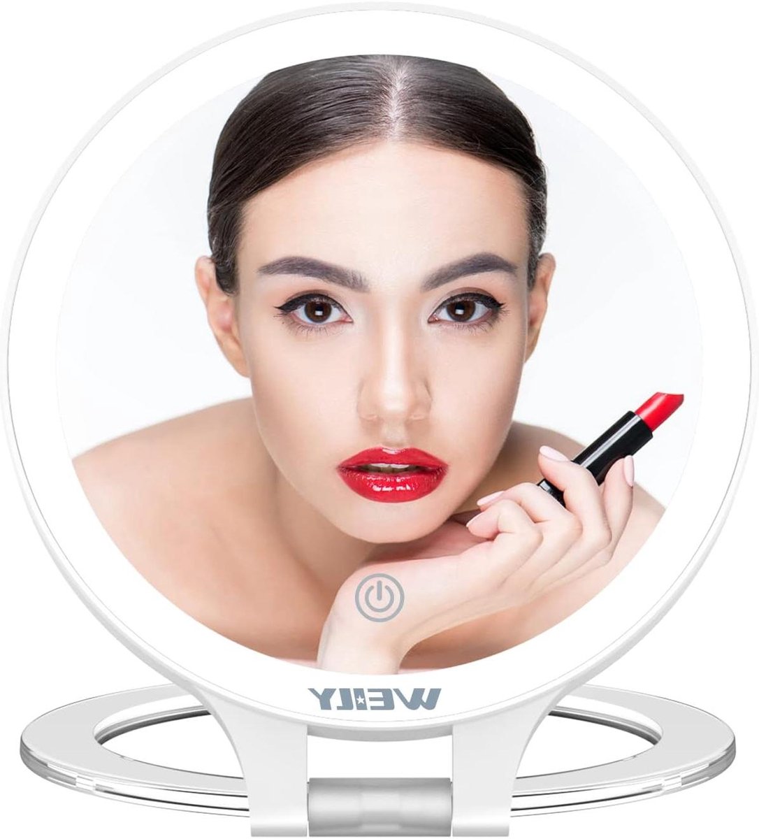10X/1X Double-Sided Tabletop Mirror with 3 Color Bulbs Rechargeable LED Cosmetic Mirror Adjustable Folding Handle for Makeup (White)