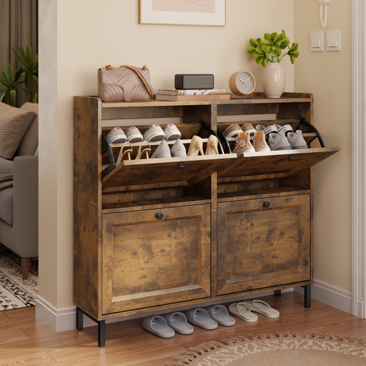 Bealife FS53 Schoenenrek met 4 klapdeuren - 99.3 x 24 x 91 cm - Retro