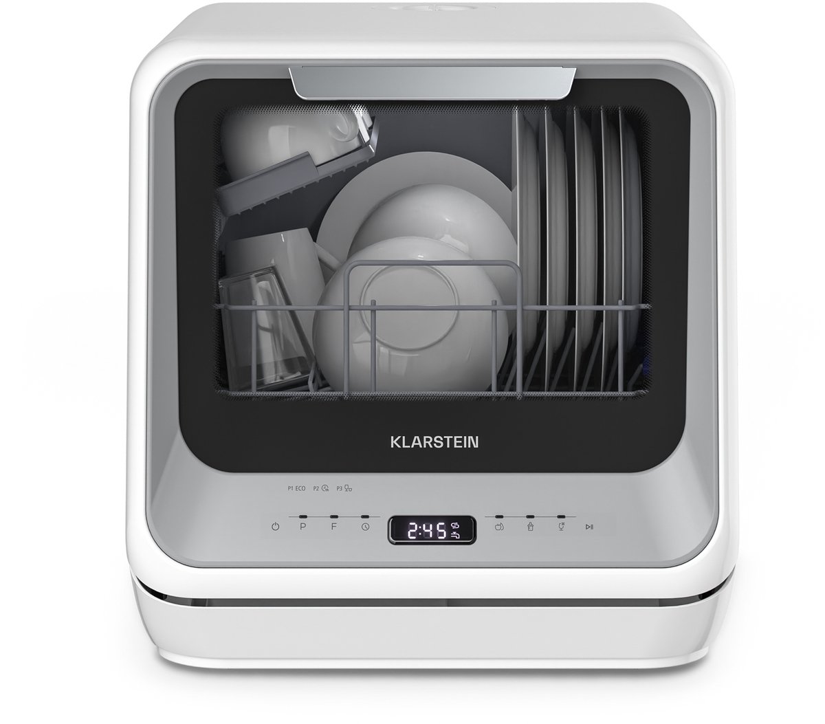 Klarstein Vaatwasser Nanowash Mini - Compact Aanrechtblad, 6 Programma's, 5L Tank of Directe Aansluiting, Energie-efficiëntieklasse D, Stil 58dB, Digitaal Display, Draagbaar Tafelblad voor Kleine Keukens, Zilver - Dishwasher